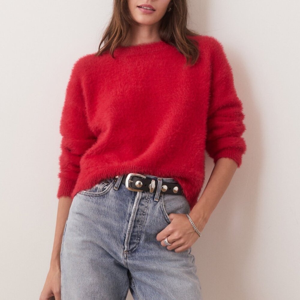 MARINE LAYER Eyelash Cropped Crewneck Sweater in Red - Small